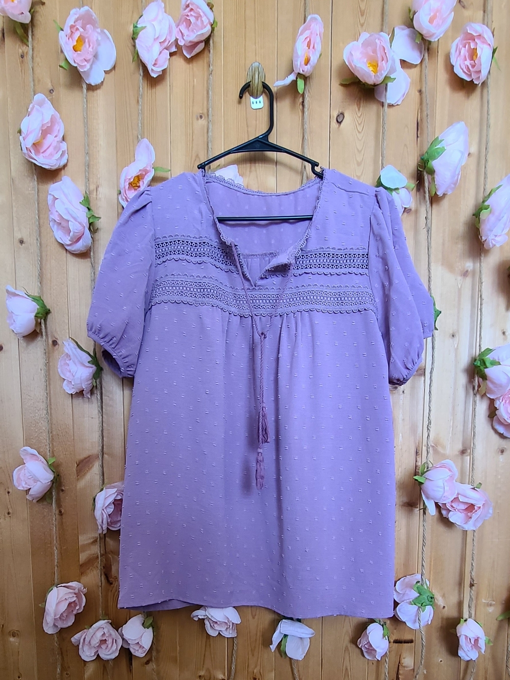 Lavender Peasant Blouse with Lace Trim - Women Tops